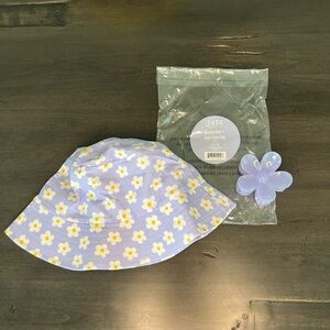 Chic Purple and White Floral Bucket Hat and Hair Claw Clip